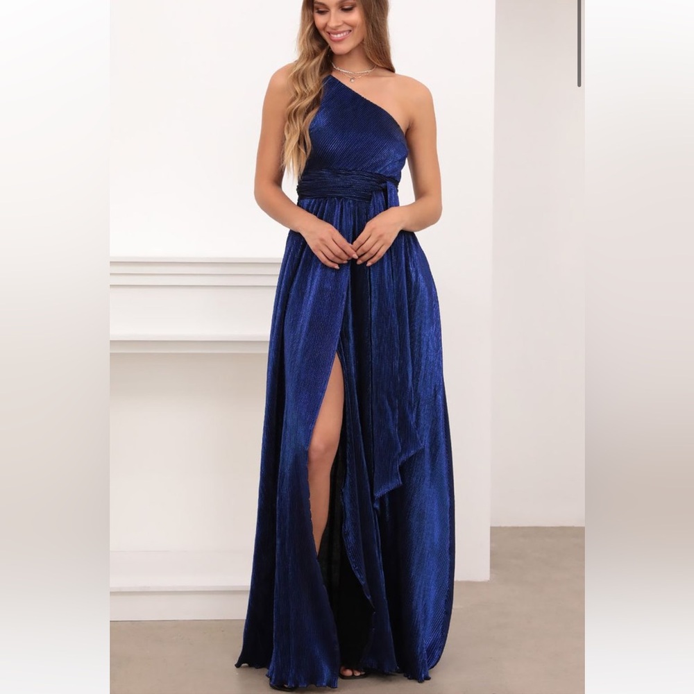 One Shoulder Pleated Klein Blue Maxi Dress- Lucy in the Sky